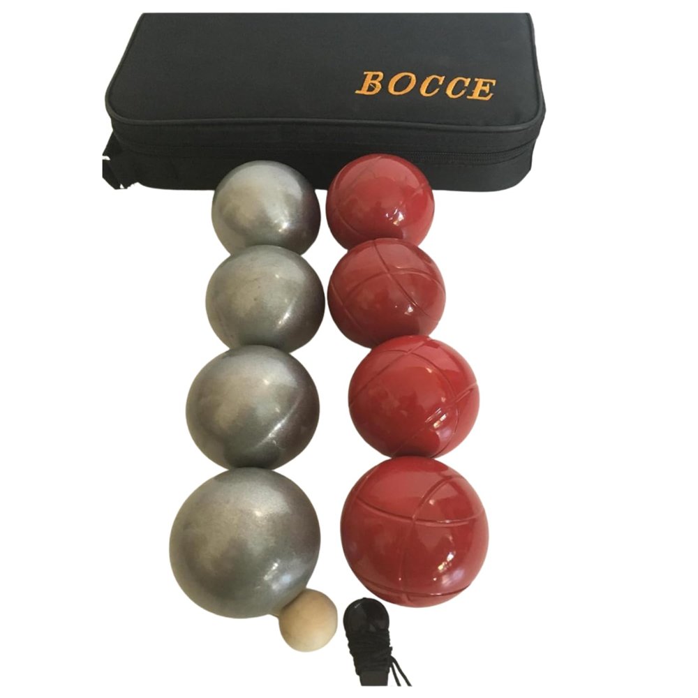 BuyBocceBalls Listing - 73mm Metal Bocce/Petanque 8 Ball Set with 4 Plain Grind Sand and 4 red Balls and Black Bag