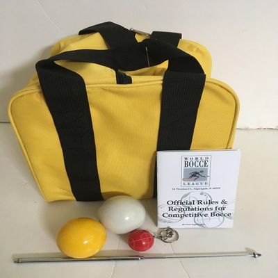BuyBocceBalls Unique Bocce Accessories Package - Heavy Duty Nylon Bocce Bag, Yellow and White 60mm Pallinos, Extendable Measuring Device, Rule Book and Keychain