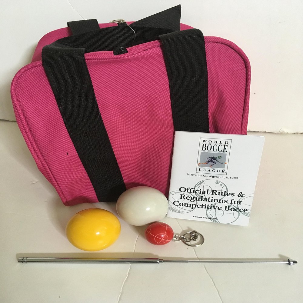 BuyBocceBalls Unique Bocce Accessories Package - Heavy Duty Nylon Bocce Bag, Yellow and White 60mm Pallinos, Extendable Measuring Device, Rule Book and Keychain