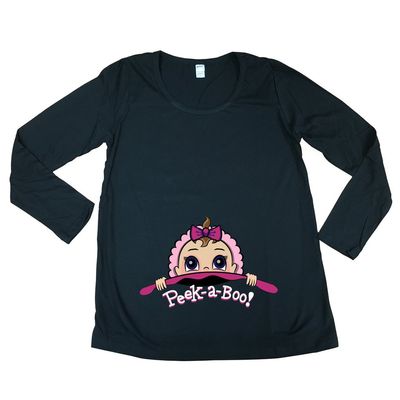 Long Sleeve Baby Girl Peek A Boo Cute Future Mom Mommy Maternity DT T-Shirt Tee (X-Large, Black)