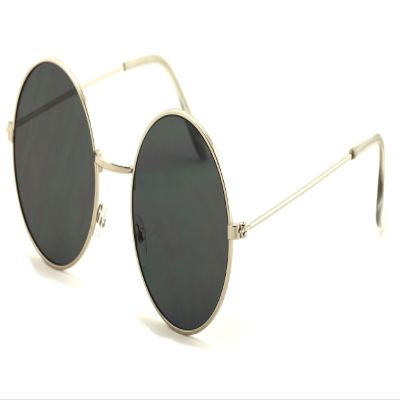 Casual Fashion Medium Round Circle Flat Lens Sunglasses Thin Frame Unisex (Silver, Black)