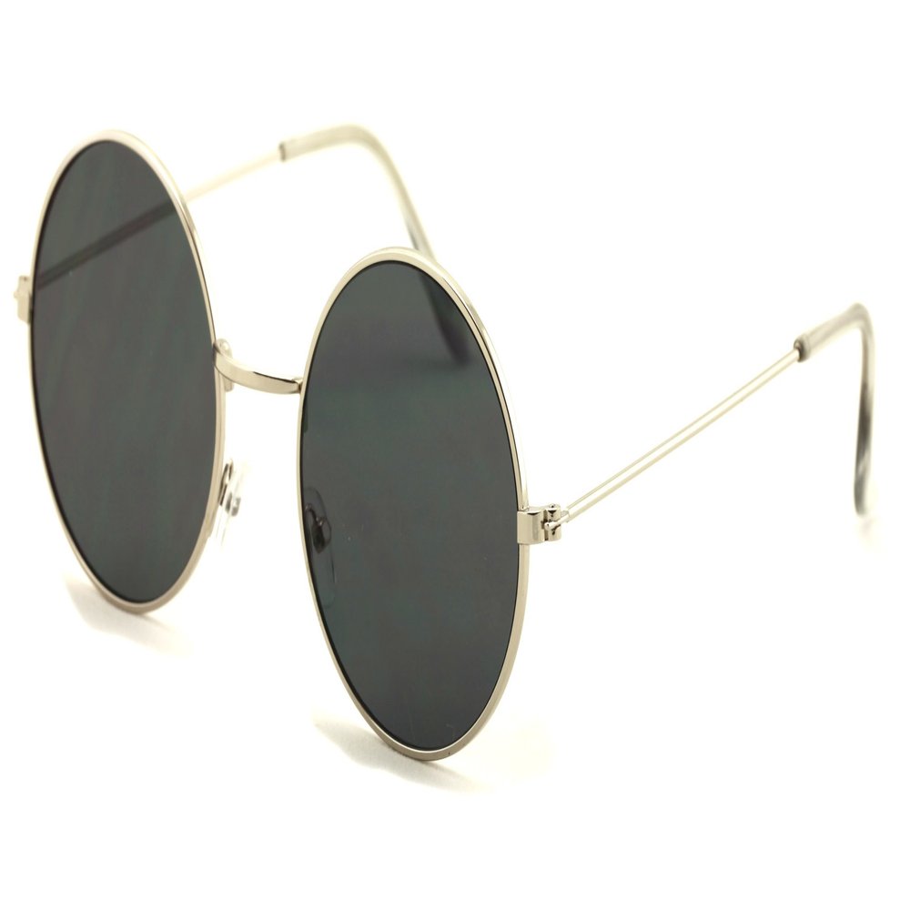 Casual Fashion Medium Round Circle Flat Lens Sunglasses Thin Frame Unisex (Silver, Black)