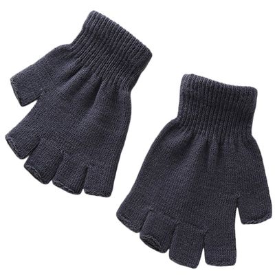 X&F Boys' and Girls' Solid Knitted Half Finger Mittens Typing Gloves, Small, Grey