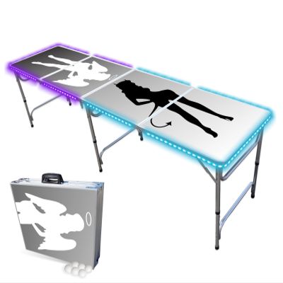 PARTYPONG Standard 8-Foot Folding Beer Pong Table w/HEXCUPs, Beer Pong Balls, Triangle Decals, and LED Lights - Good n Bad Edition