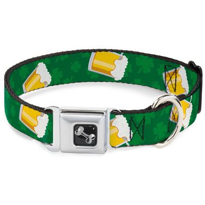 Dog Collar Seatbelt Buckle St Pats Clovers Beer Mugs Greens 13 to 18 Inches 1.5 Inch Wide