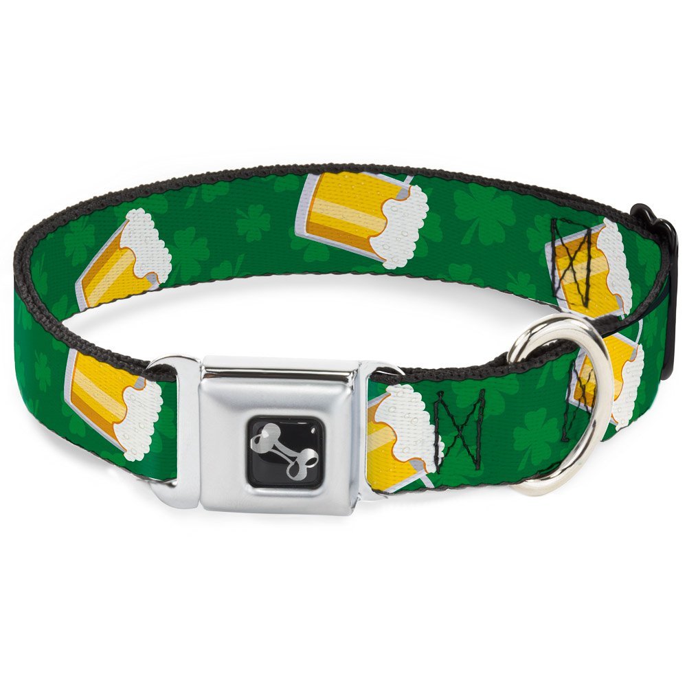Dog Collar Seatbelt Buckle St Pats Clovers Beer Mugs Greens 13 to 18 Inches 1.5 Inch Wide