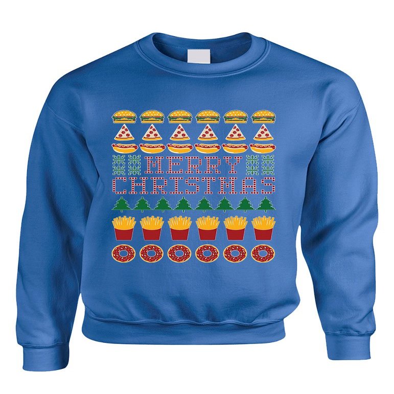 ALLNTRENDS Adult Crewneck Junk Food Merry Christmas Ugly Sweater Humor Top (L, Royal Blue)