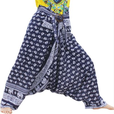 Full Funk Viscose Rayon Front Tie Harem Pants Pocket Plus Size Petite Length, X-Large, Iconic Elephants - Blue and White