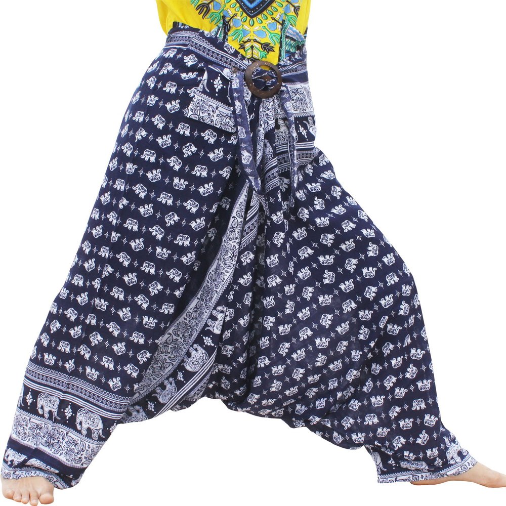 Full Funk Viscose Rayon Front Tie Harem Pants Pocket Plus Size Petite Length, X-Large, Iconic Elephants - Blue and White