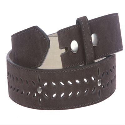 1 1/2" (38 mm) Snap on Suede Perforated Studded Leather Belt Strap, Grey | 30"