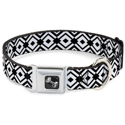Dog Collar Seatbelt Buckle Geometric Diamond2 Black White Black 16 to 23 Inches 1.5 Inch Wide