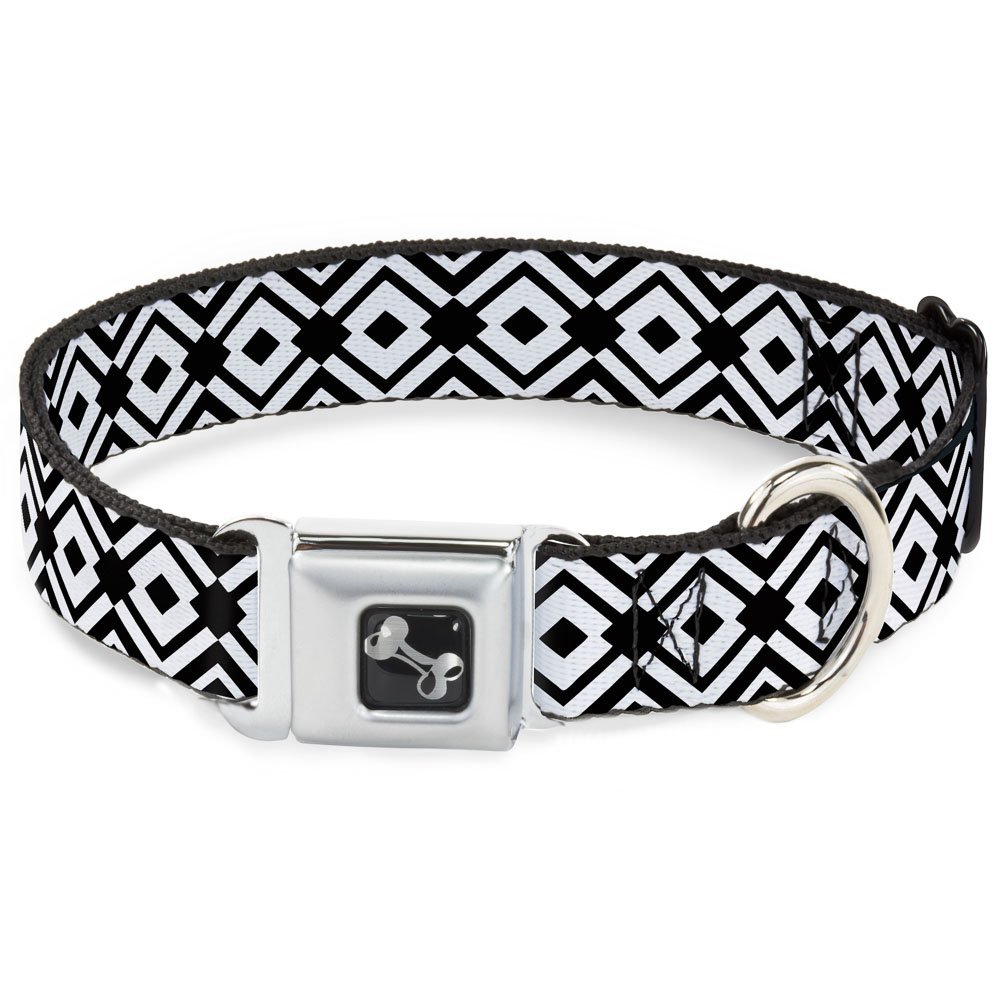 Dog Collar Seatbelt Buckle Geometric Diamond2 Black White Black 16 to 23 Inches 1.5 Inch Wide