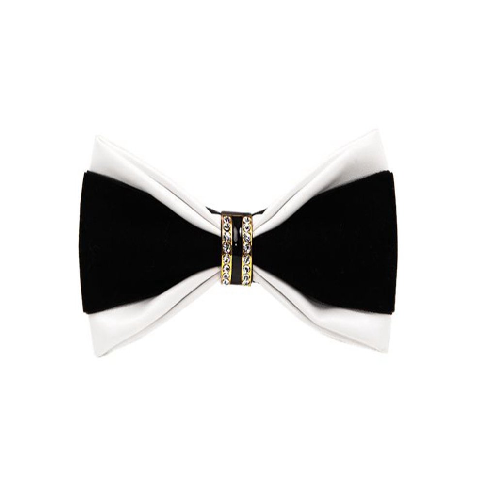 Hello Tie Men's Pre-tied Double Color PU Leather Luxury Bow Ties With Crystal Decoration- White