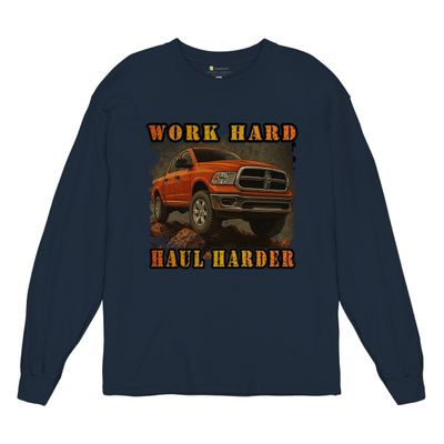 Tee Hunt Work Hard Haul Harder Men's Graphic Long Sleeve T-Shirt - American Pickup Truck Offroad 4x4 USA Design Medium Navy Blue