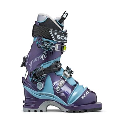 SCARPA Women's T2 ECO Telemark Ski Boots for Backcountry and Downhill Skiing - Bourgogne/Polar Blue - 25