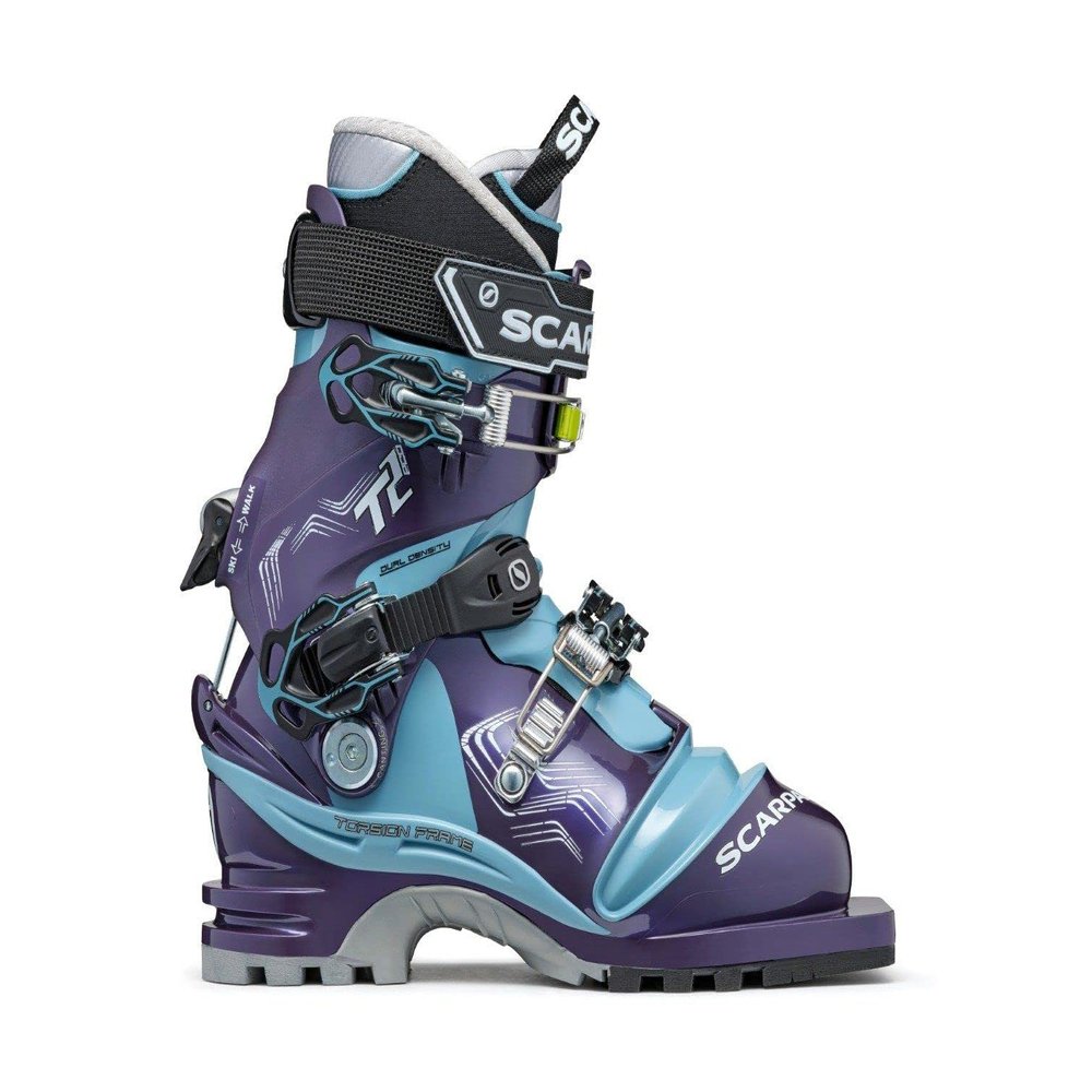 SCARPA Women's T2 ECO Telemark Ski Boots for Backcountry and Downhill Skiing - Bourgogne/Polar Blue - 25