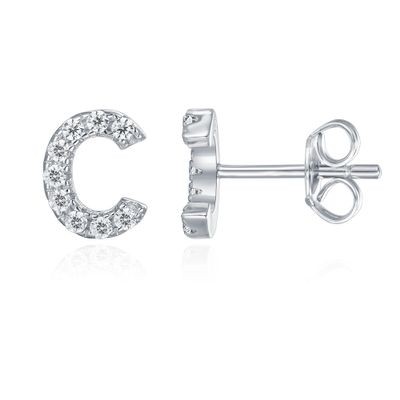 PAVOI Diamond Initial Stud Earrings for Women, White Gold, Size 1, Diamond