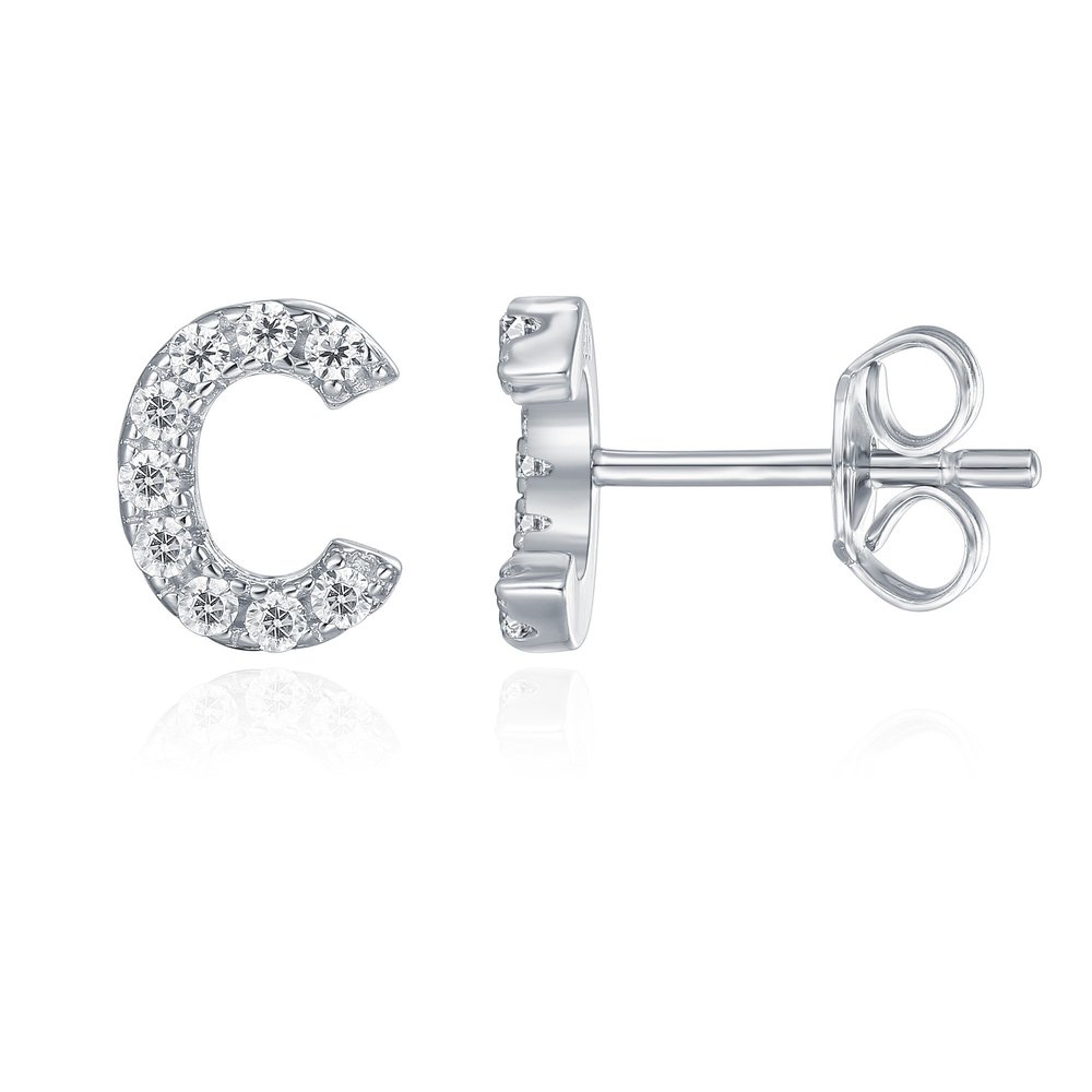 PAVOI Diamond Initial Stud Earrings for Women, White Gold, Size 1, Diamond