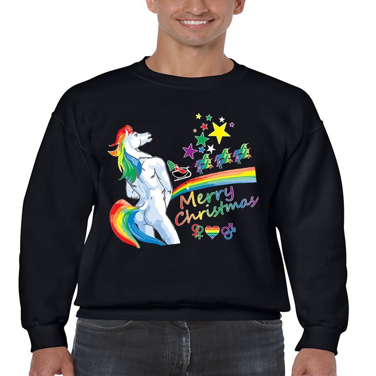 ALLNTRENDS Men's Crewneck Unicorn Rainbow Gay Pride Ugly Christmas Top (L, Black)