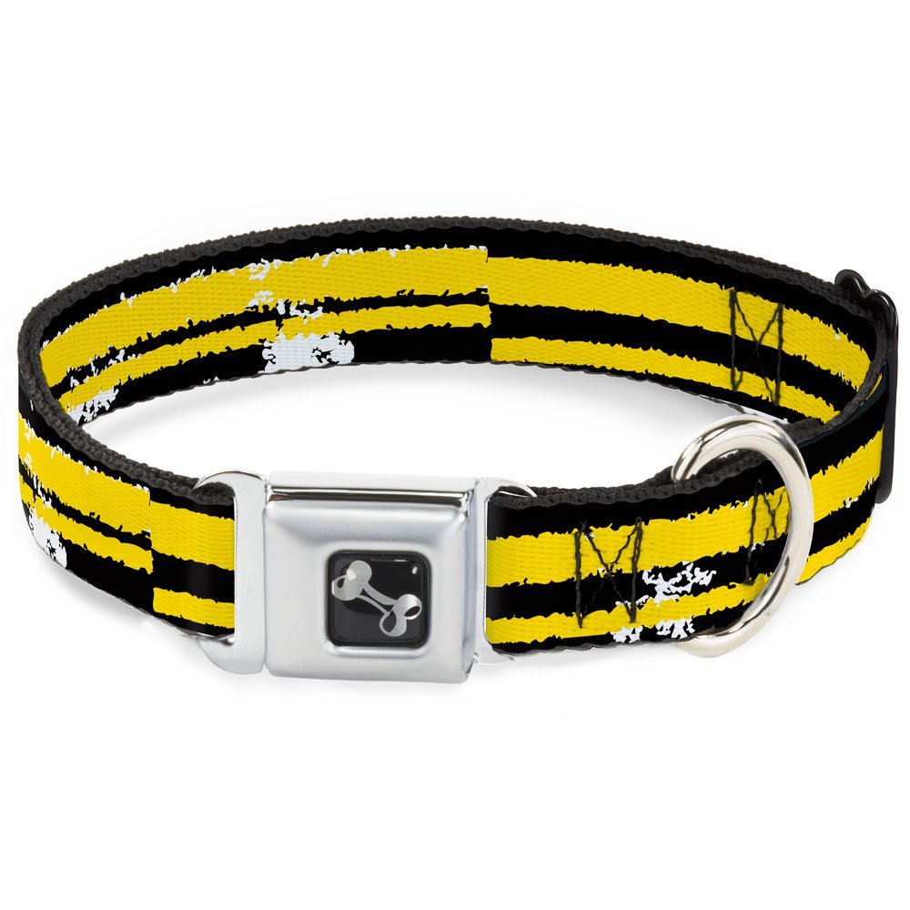 Dog Collar Seatbelt Buckle Racing Stripe2 Weathered Black Yellow 11 to 17 Inches 1.0 Inch Wide