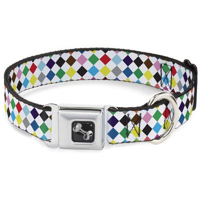Dog Collar Seatbelt Buckle Diamonds White Multi Color 18 to 32 Inches 1.5 Inch Wide