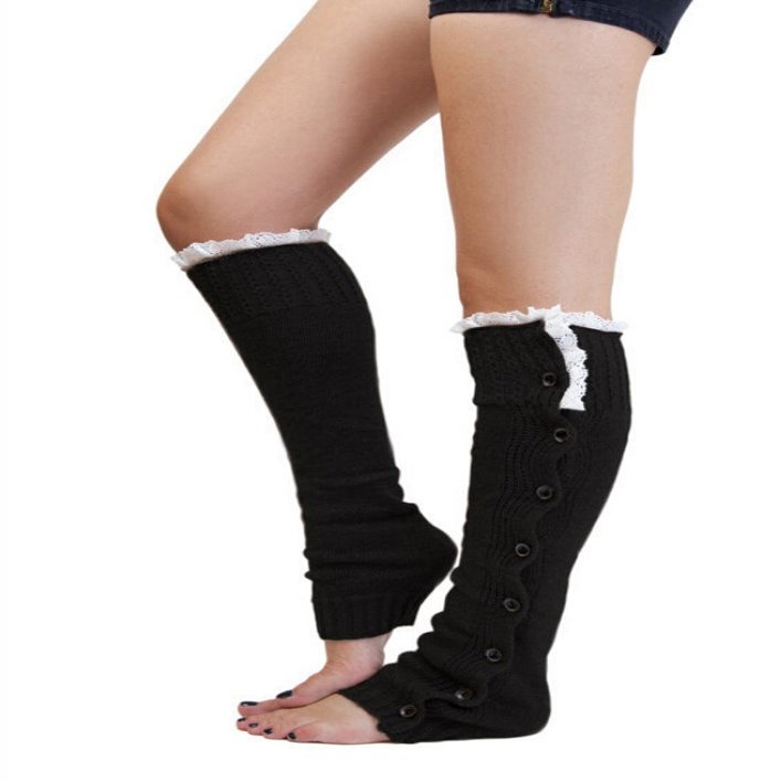 Ewanda store Women 80s Knitted Flat Knee High Button Down Crochet Lace Trim Leg Warmers,Black