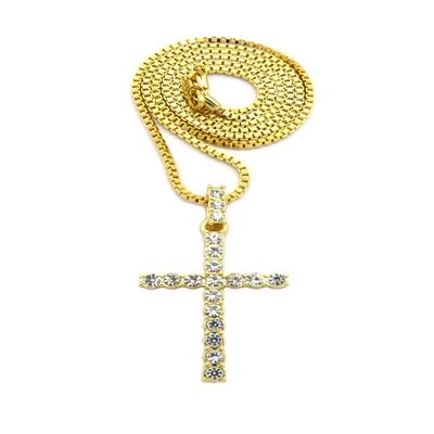 NYFASHION101 Slim Stone Stud Cross Pendant with Gold-Tone Chain Necklace - 2mm 24" Box Chain Necklace