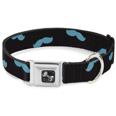 Dog Collar Seatbelt Buckle Mustaches Scattered Black Turquoise 15 to 26 Inches 1.0 Inch Wide