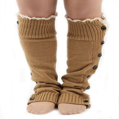 Ewanda store Women 80s Knitted Flat Knee High Button Down Crochet Lace Trim Leg Warmers,Khaki