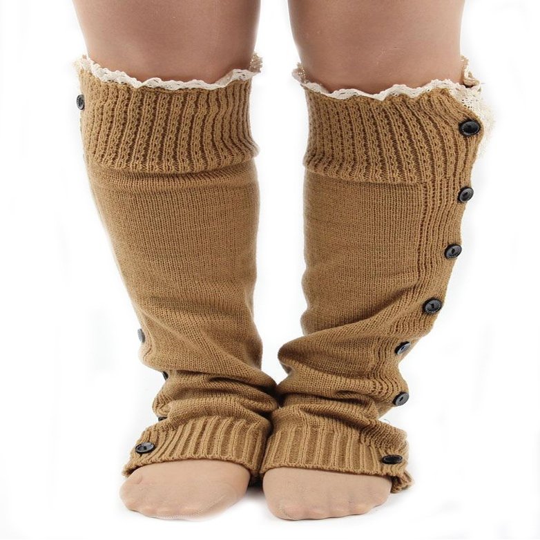 Ewanda store Women 80s Knitted Flat Knee High Button Down Crochet Lace Trim Leg Warmers,Khaki