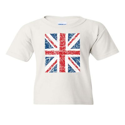 Union Jack Youth T-Shirt United Kingdom Distressed British Flag Kids Tee White Small