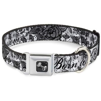 Dog Collar Seatbelt Buckle Born to Blossom Black White 9 to 15 Inches 1.0 Inch Wide