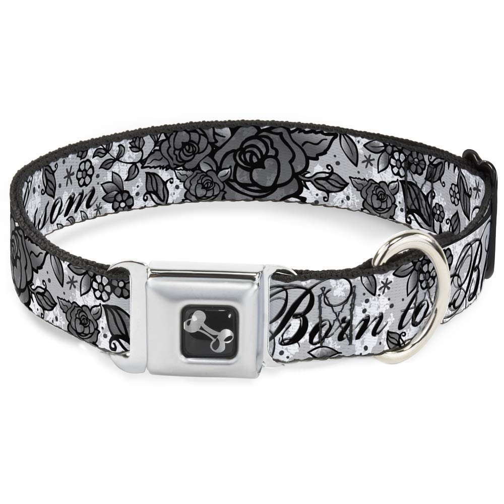 Dog Collar Seatbelt Buckle Born to Blossom Black White 9 to 15 Inches 1.0 Inch Wide