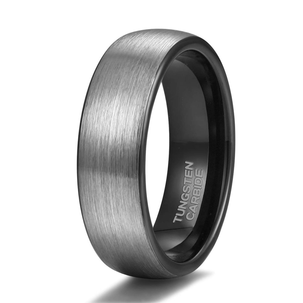 TRUMIUM 6mm Black Grey Tungsten Carbide Rings for Men Women Brushed Dome Wedding Band Size 5.5