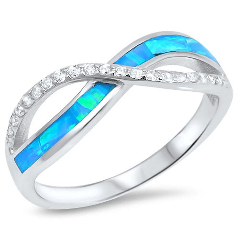 Clear CZ Blue Simulated Opal Infinity Ring New .925 Sterling Silver Band Size 8