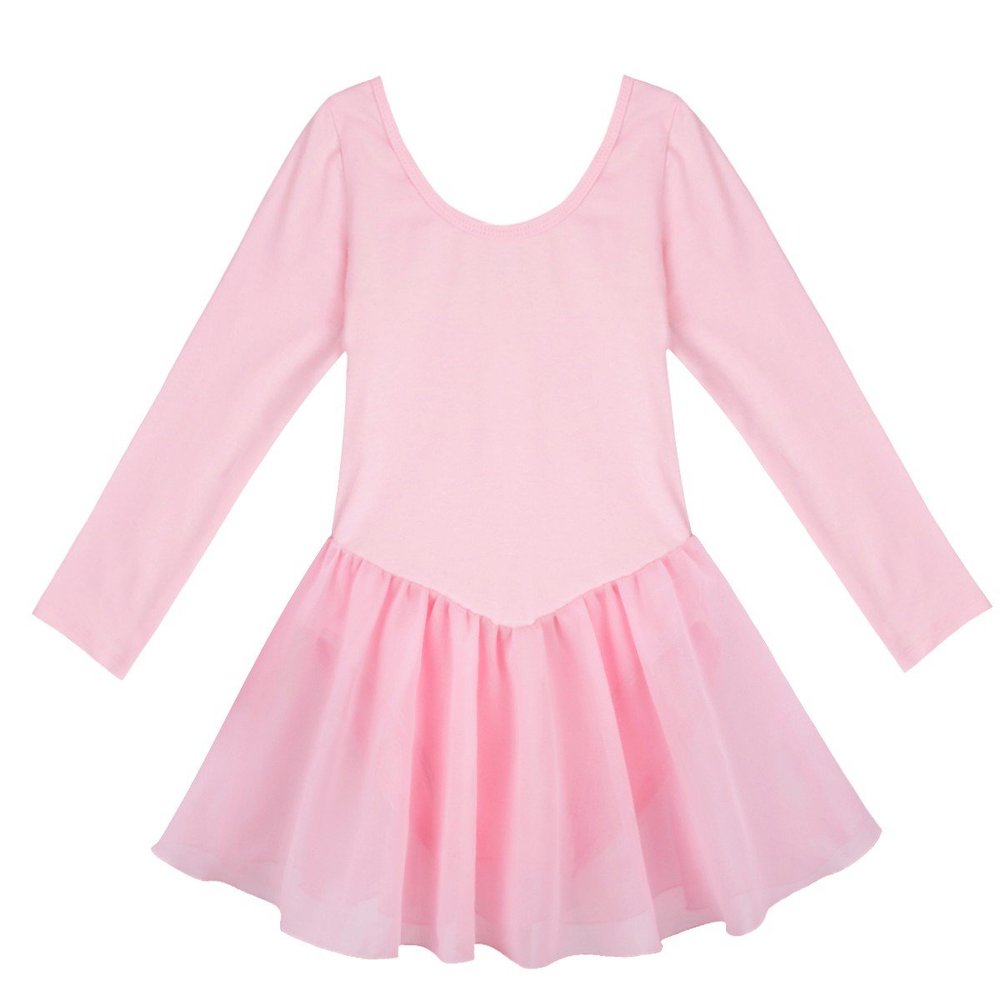 iiniim Kids Girls Classic Long Sleeve Gymnastics Ballet Leotard Dance Dress Tutu Skirt Pink 8-10