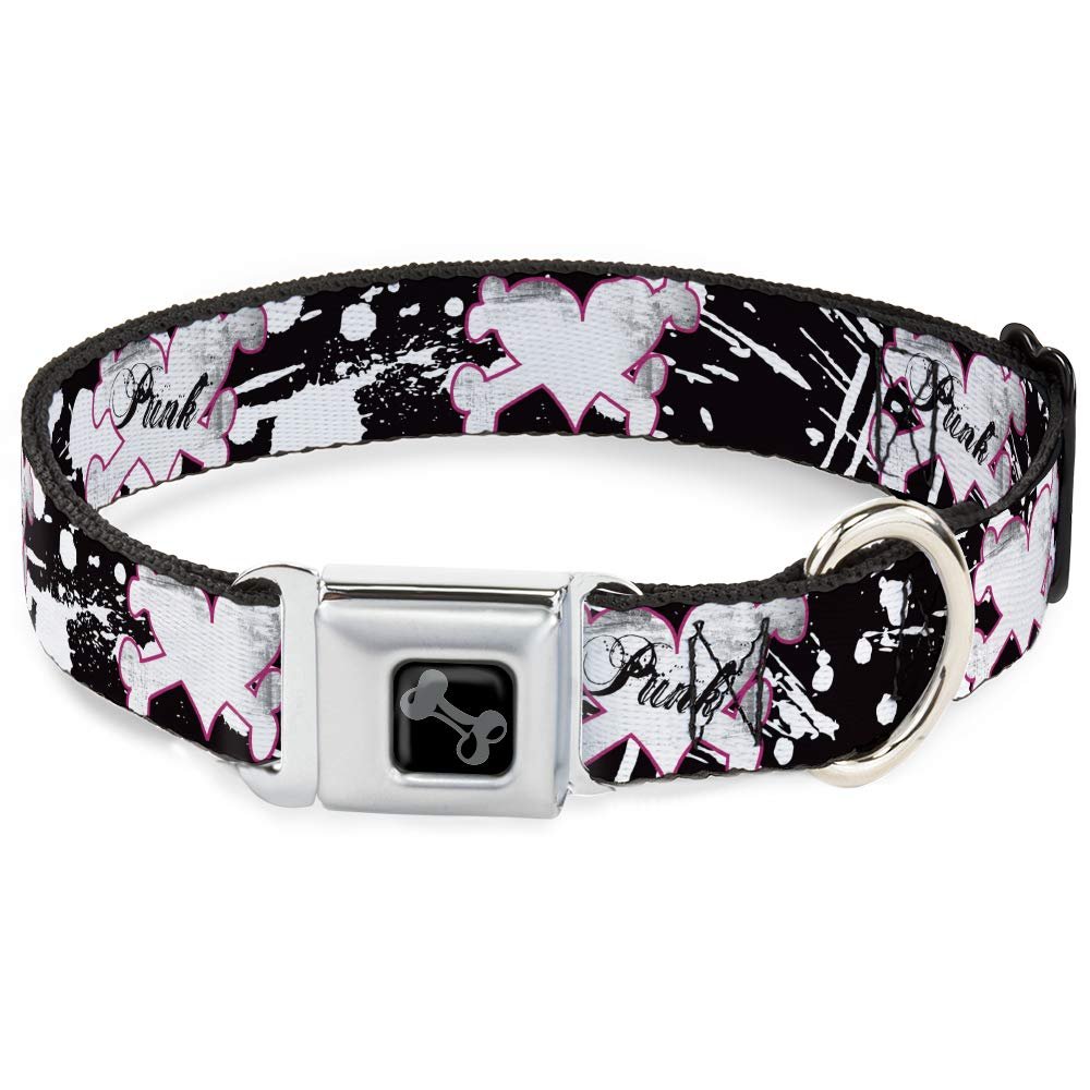 Dog Collar Seatbelt Buckle Punk Heart Cross Bones Splatter Black White 15 to 26 Inches 1.0 Inch Wide
