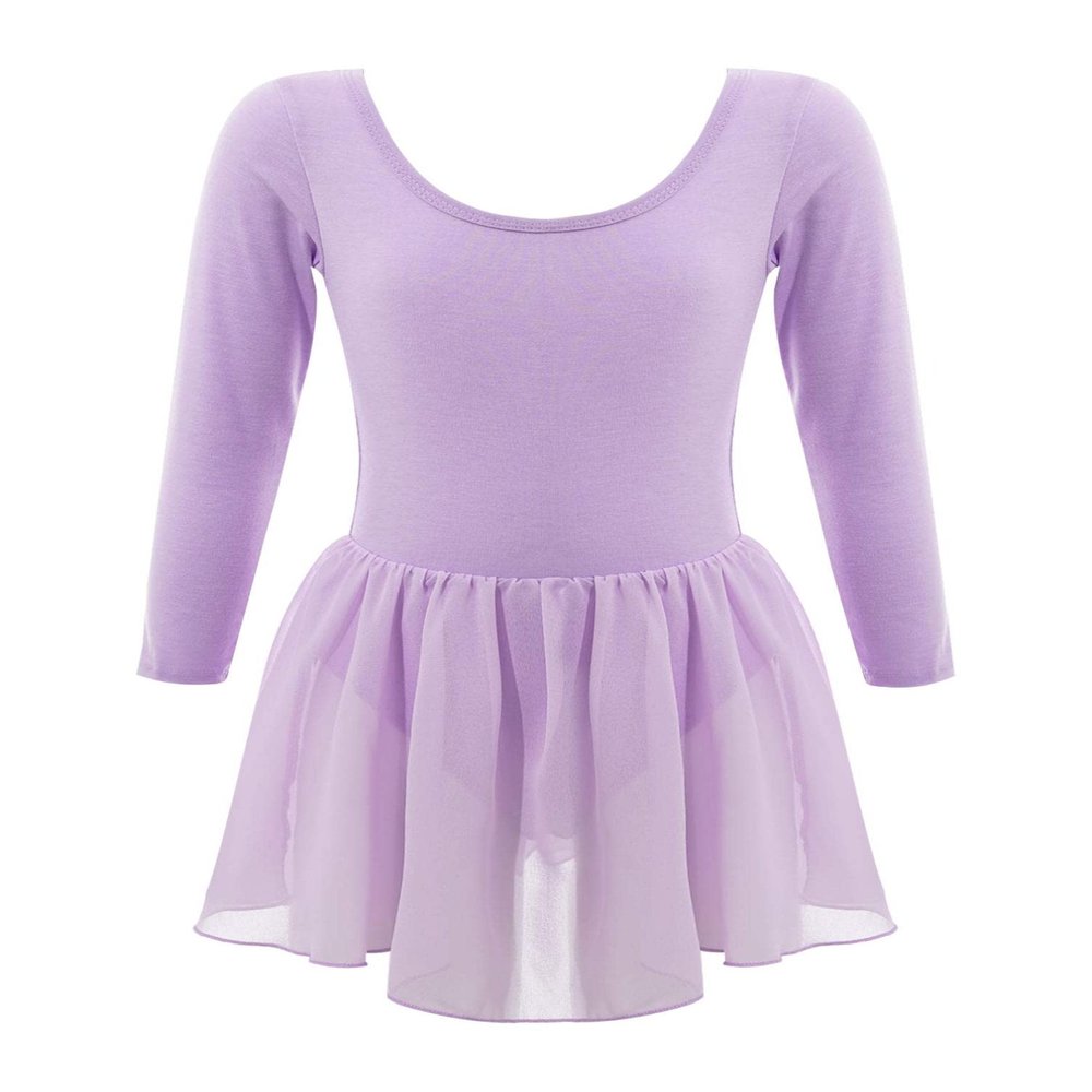 TiaoBug Kids Girls Classic Long Sleeve Ballet Dance Tutu Dress Gymnastic Leotard Lavender 10-12