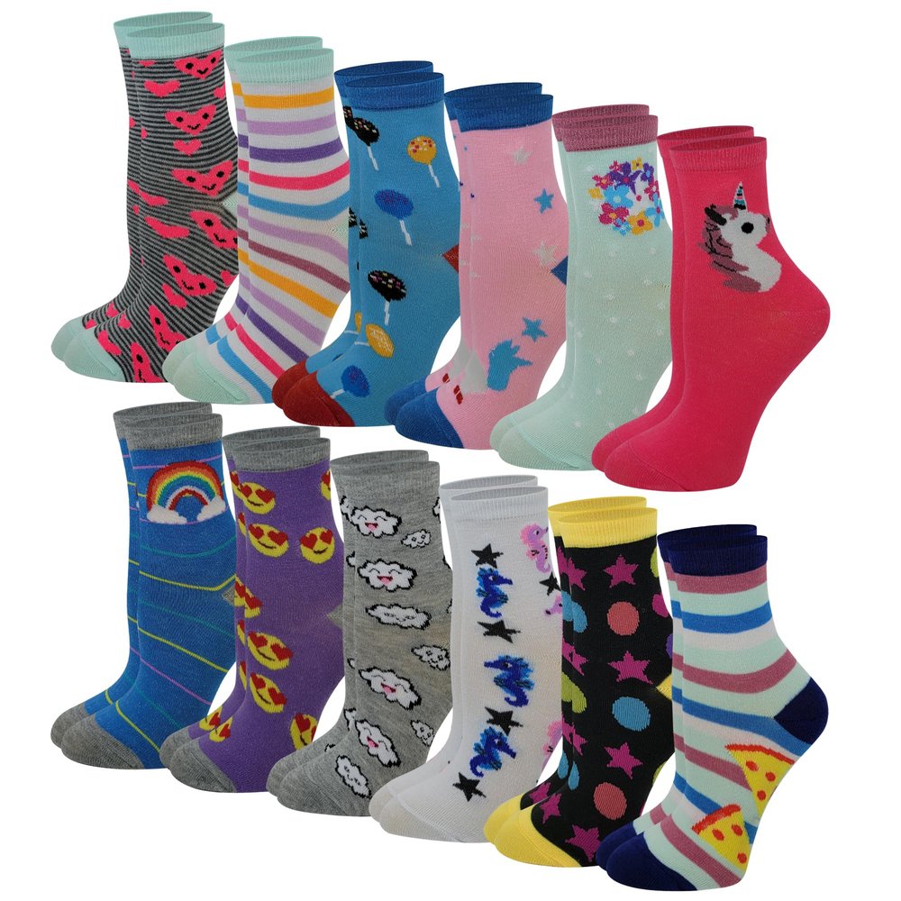 Different Touch 12 Pairs Pack Kids Girls Colorful Creative Fun Novelty Design Crew Socks (6-8, Assorted)