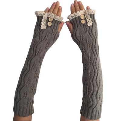 LerBen Womens Lace Knitted Fingerless Warm Gloves Long Arm Warmer Thumb Hole Mitten