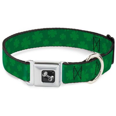 Dog Collar Seatbelt Buckle St Pats Clovers Scattered3 Greens 9 to 15 Inches 1.0 Inch Wide