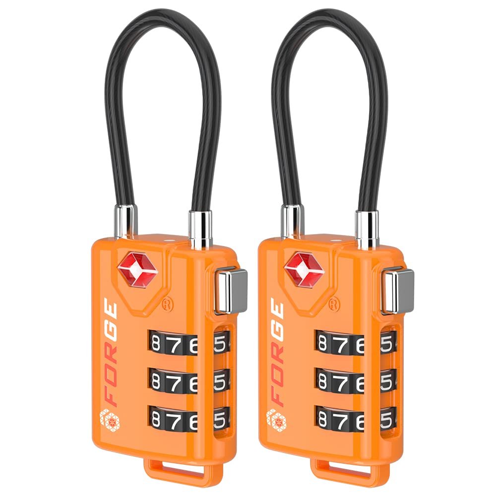 TSA Approved Cable Luggage Locks, Re-settable Combination with Alloy Body, Orange 2 Locks.