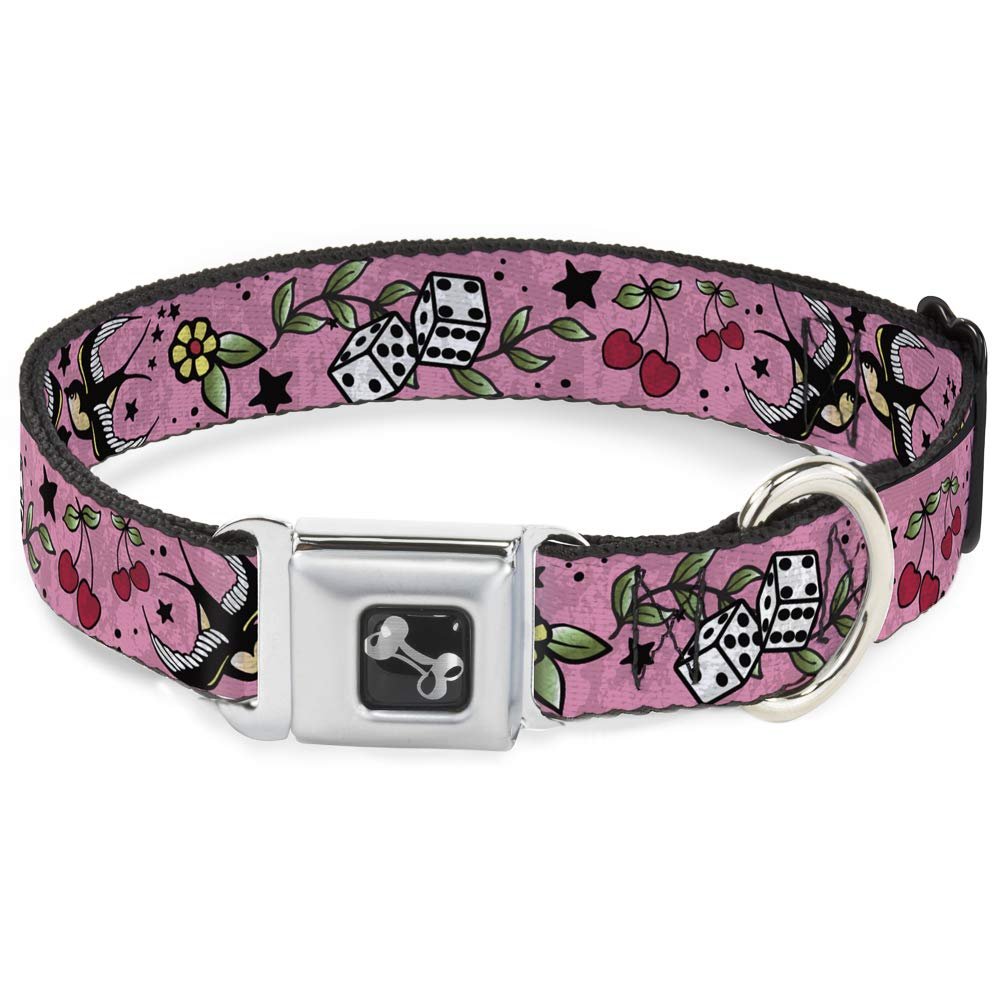 Buckle-Down Dog Collar Seatbelt Buckle Lucky Close Up Pink, Multicolor, 1" Wide - Fits 11-17" Neck - Medium (DC-W31218-M)