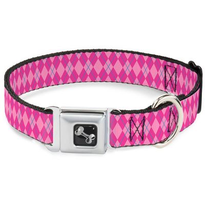 Dog Collar Seatbelt Buckle Argyle Pink Fuchsia Blue 13 to 18 Inches 1.5 Inch Wide