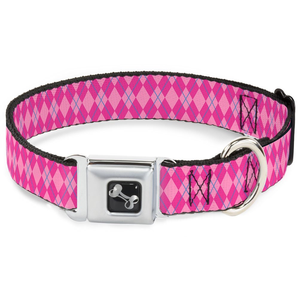Dog Collar Seatbelt Buckle Argyle Pink Fuchsia Blue 13 to 18 Inches 1.5 Inch Wide