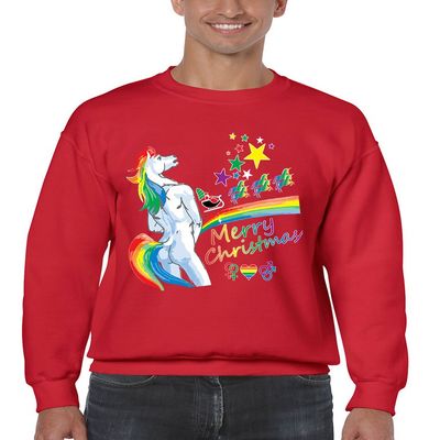 ALLNTRENDS Men's Crewneck Unicorn Rainbow Gay Pride Ugly Christmas Top (M, Red)