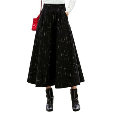 Drasawee High Waist A-Line Flared Long Plaid Skirt Winter for Women Black L