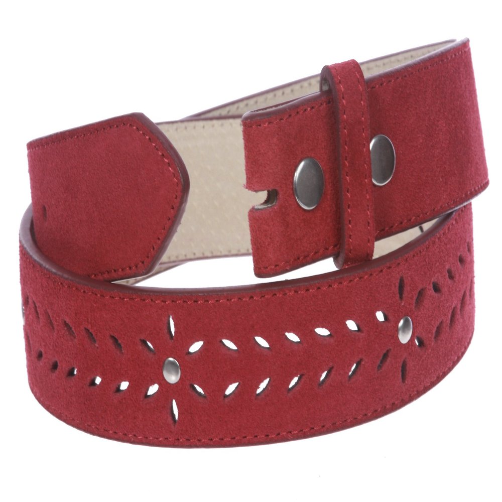 1 1/2" (38 mm) Snap on Suede Perforated Studded Leather Belt Strap, Red | 30"