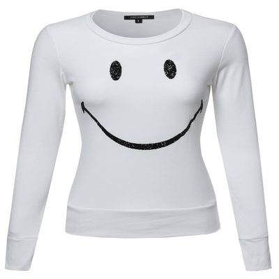 Awesome21 Glitter Smile Printed Long Sleeves Crew Neck Fashionable Sweatshirt White Size L