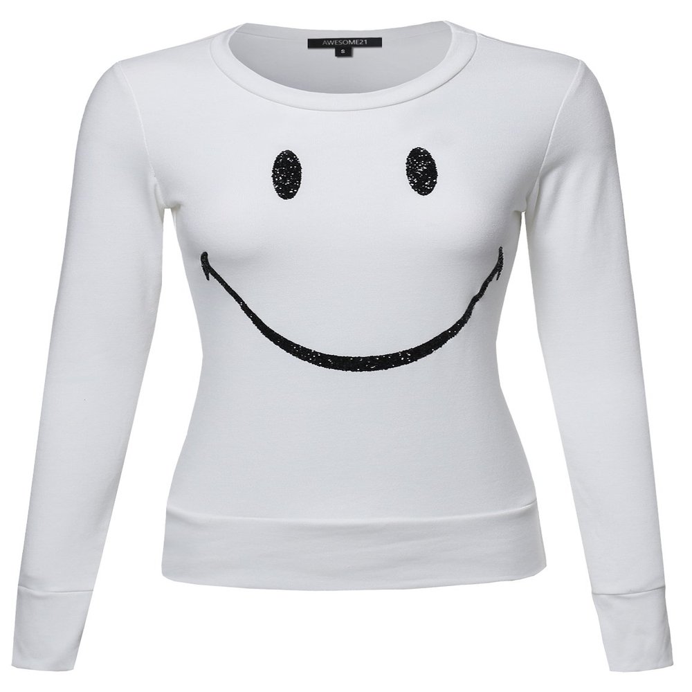 Awesome21 Glitter Smile Printed Long Sleeves Crew Neck Fashionable Sweatshirt White Size L